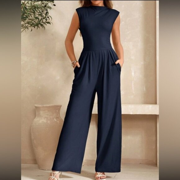 Luxe navy blue stand collar comfy jumpsuit - Picture 1 of 16